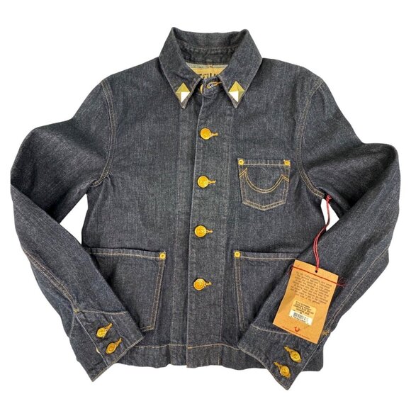 True Religion Womens M Denim CollarJacket Camden Blue Accent Embroidered - Picture 2 of 16
